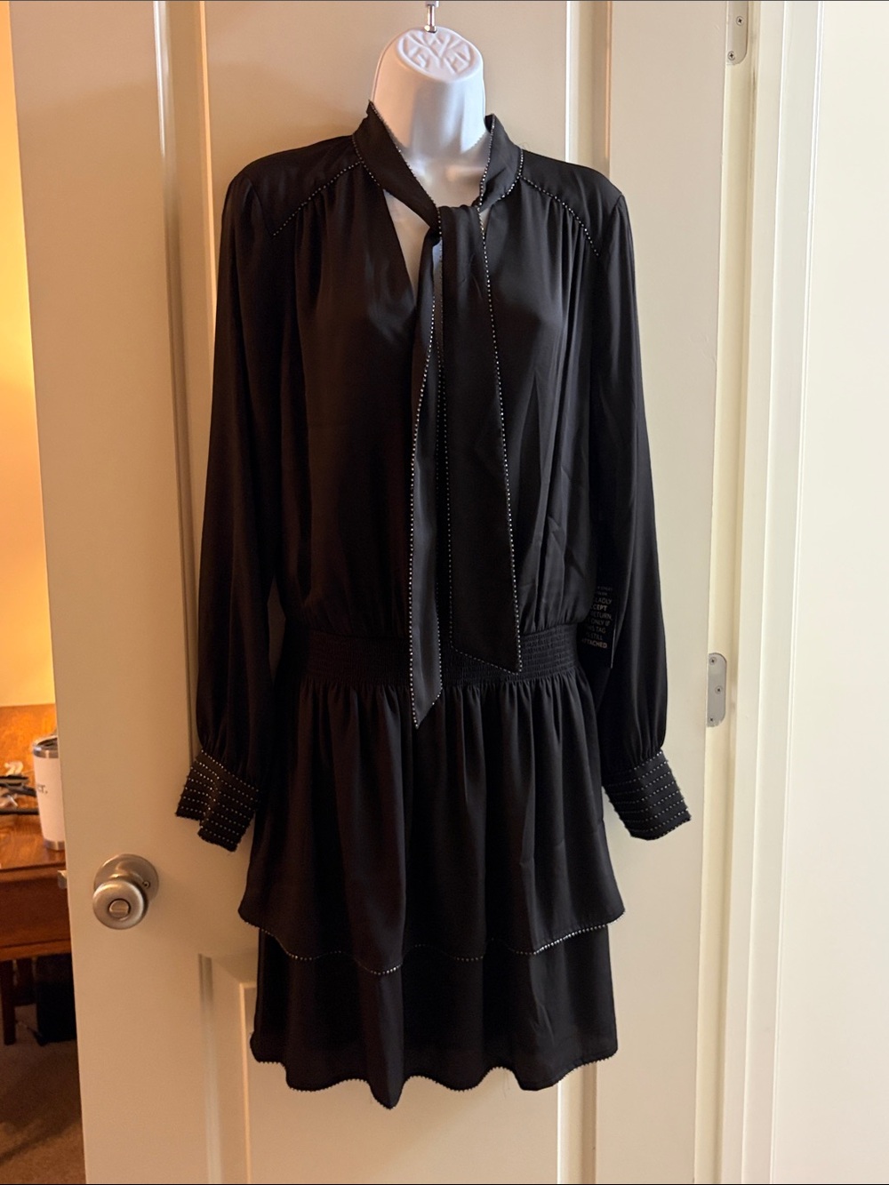 Black Long-Sleeve Tie-Neck Dress - White House Black Market